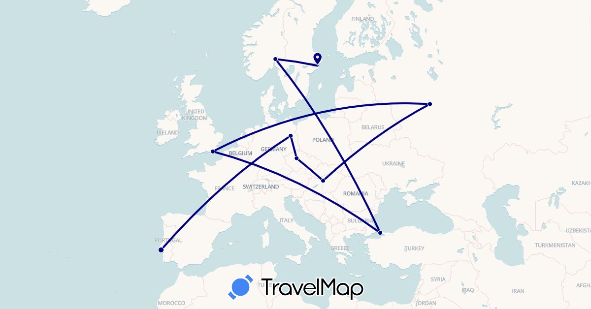 TravelMap itinerary: driving in Czech Republic, Germany, United Kingdom, Hungary, Norway, Portugal, Russia, Sweden, Turkey (Asia, Europe)